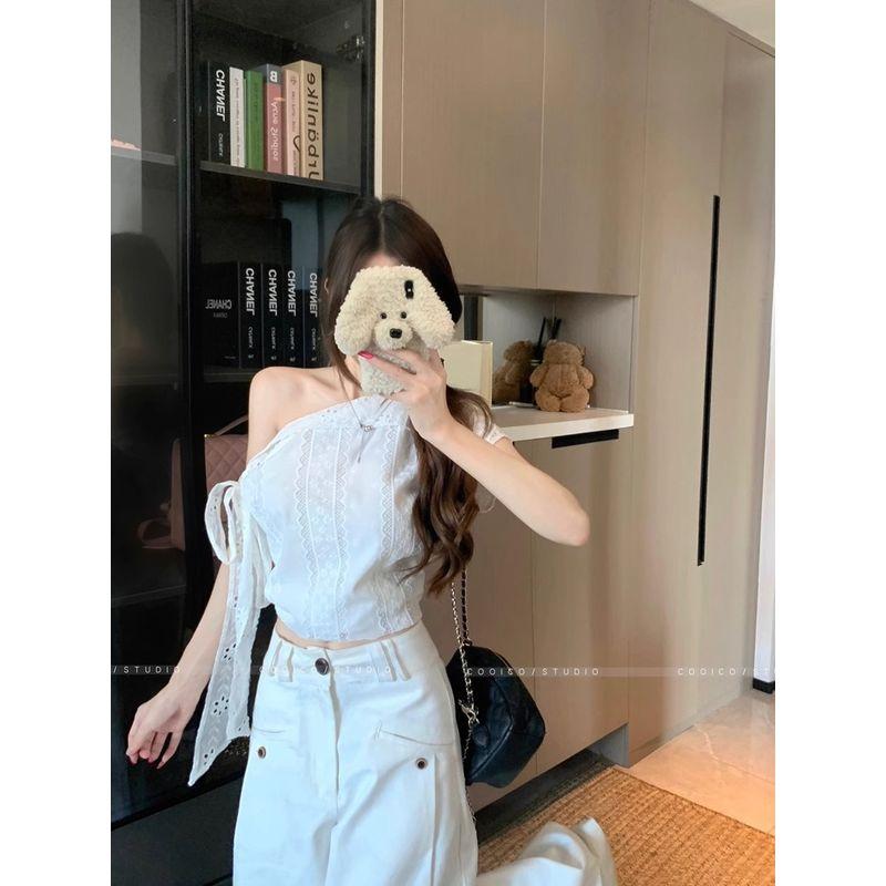 Kumikumi Design Sense Lace White Silk Crochet Sloping Shoulder Short sleeve T-shirt Women Summer Slimming Versatile Top