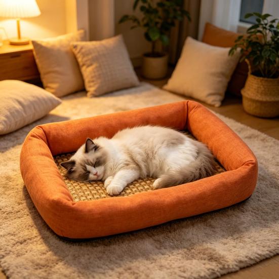 Summer Pet Cooling Bed Woven Cooling Mat Cat Bed Breathable Cooling Dog Bed with Raised Edges Anti-Slip Bottom for Small Dogs Cats