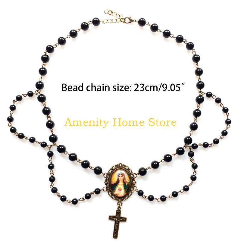 F26C Crystal Beads Rosary Catholic Necklace Miraculous Medal & Crucifix Pendant Catholic Necklace Chain for Women Girl Teen