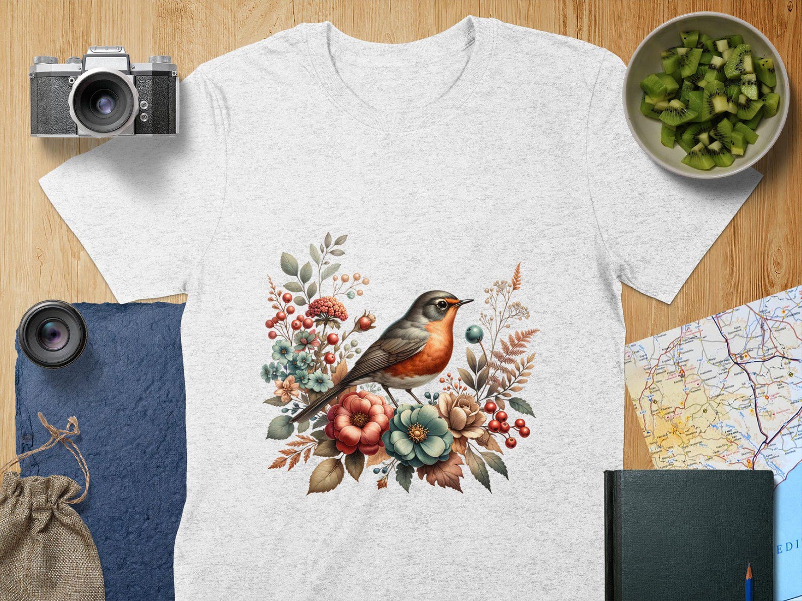 American Robin Beautiful Bird Art T-Shirt, Winter Floral Bird Lover Shirt, Bird Watcher Gift Tee, Nature Lover Clothing, Bird Design T-Shirt S