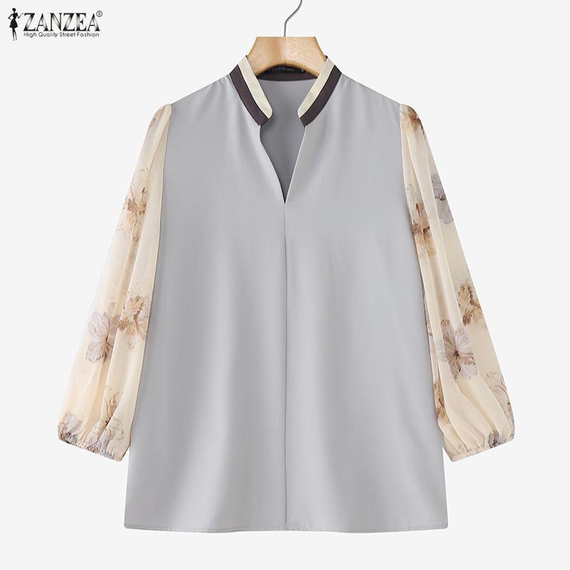 ZANZEA Women Casual V-neck Print Splice 3/4 Sleeve Loose Blouse