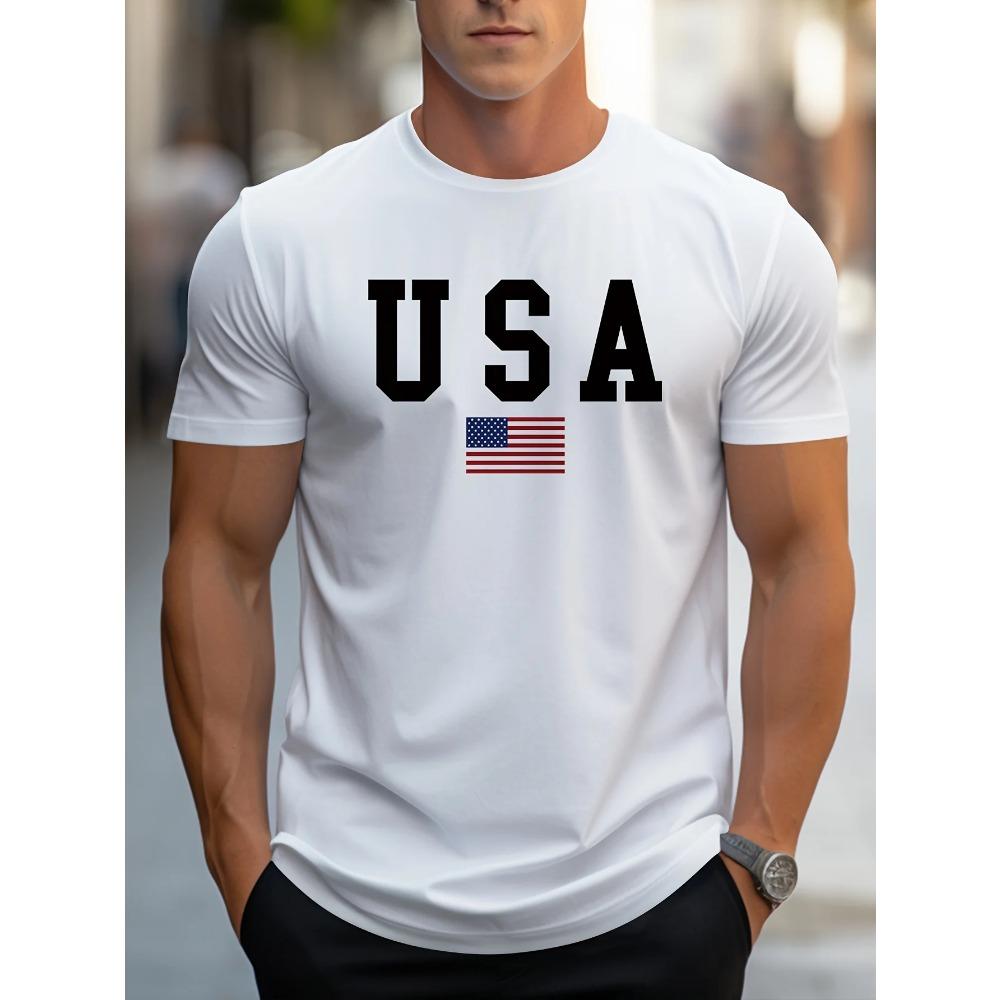 Men's 100% Pure Cotton Summer Loose Fit Large Usa Print Casual Slim Fit Round Neck Short Sleeved T-shirt Top