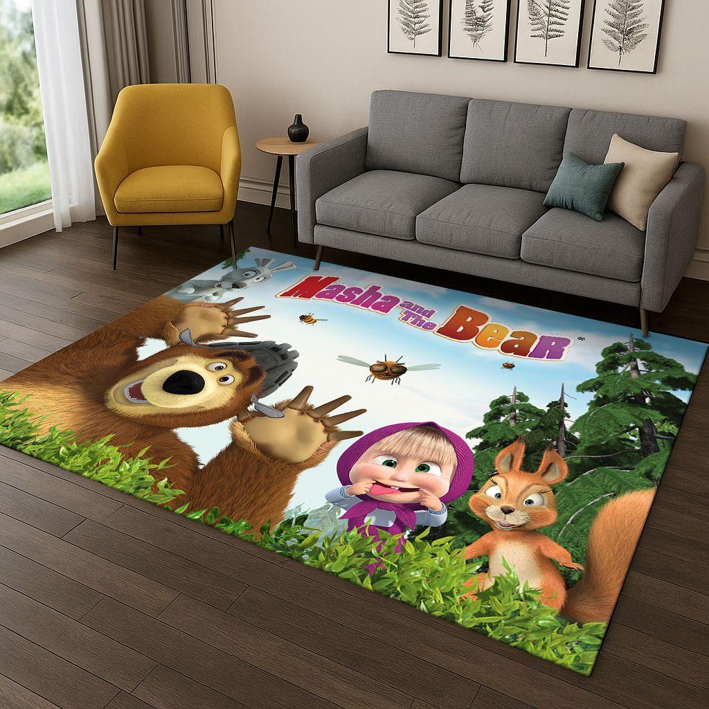Covor Desen Animat 3D Masha și Ursul pentru Dormitor Sufragerie Canapea Preș de Intrare Decor Casă, Covor Zonă Joc Copii Antiderapant Cadou de Crăciun