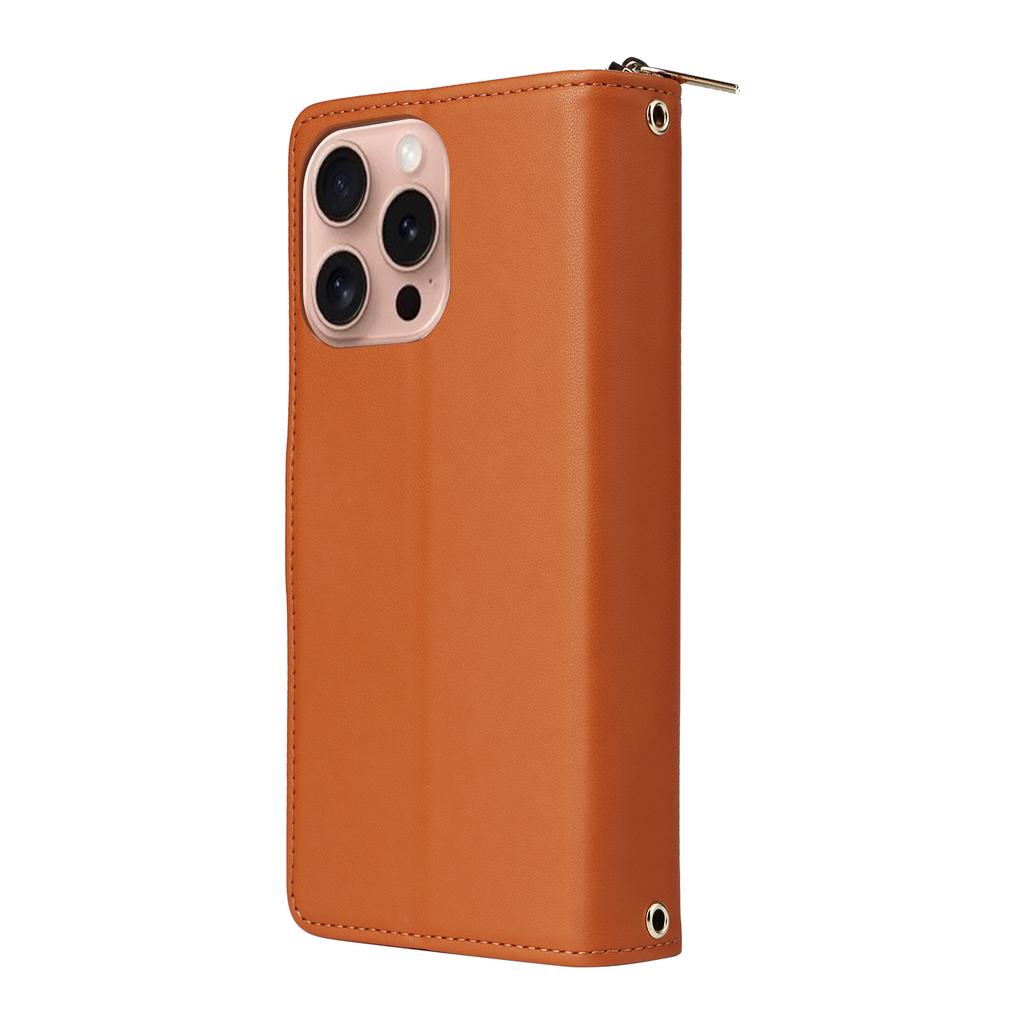 R20 For iPhone 16 Pro Max Case Zipper PU Leather Phone Cover with 9 Card Slots