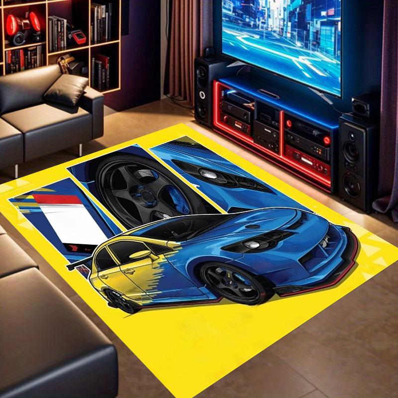 Blue‑Yellow Modified Sport Car Split Comic Panel Print Area Rug Non‑Slip Rectangular Floor Mat Car Fan Decor for Gaming Room Living Bedroom