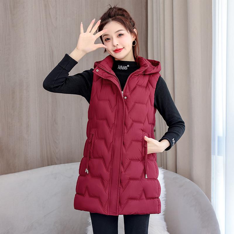 New Autumn and Winter Down Cotton Vest Women's Medium and Long Fashion Hooded Student Vest Vest Vest Jacket Tide