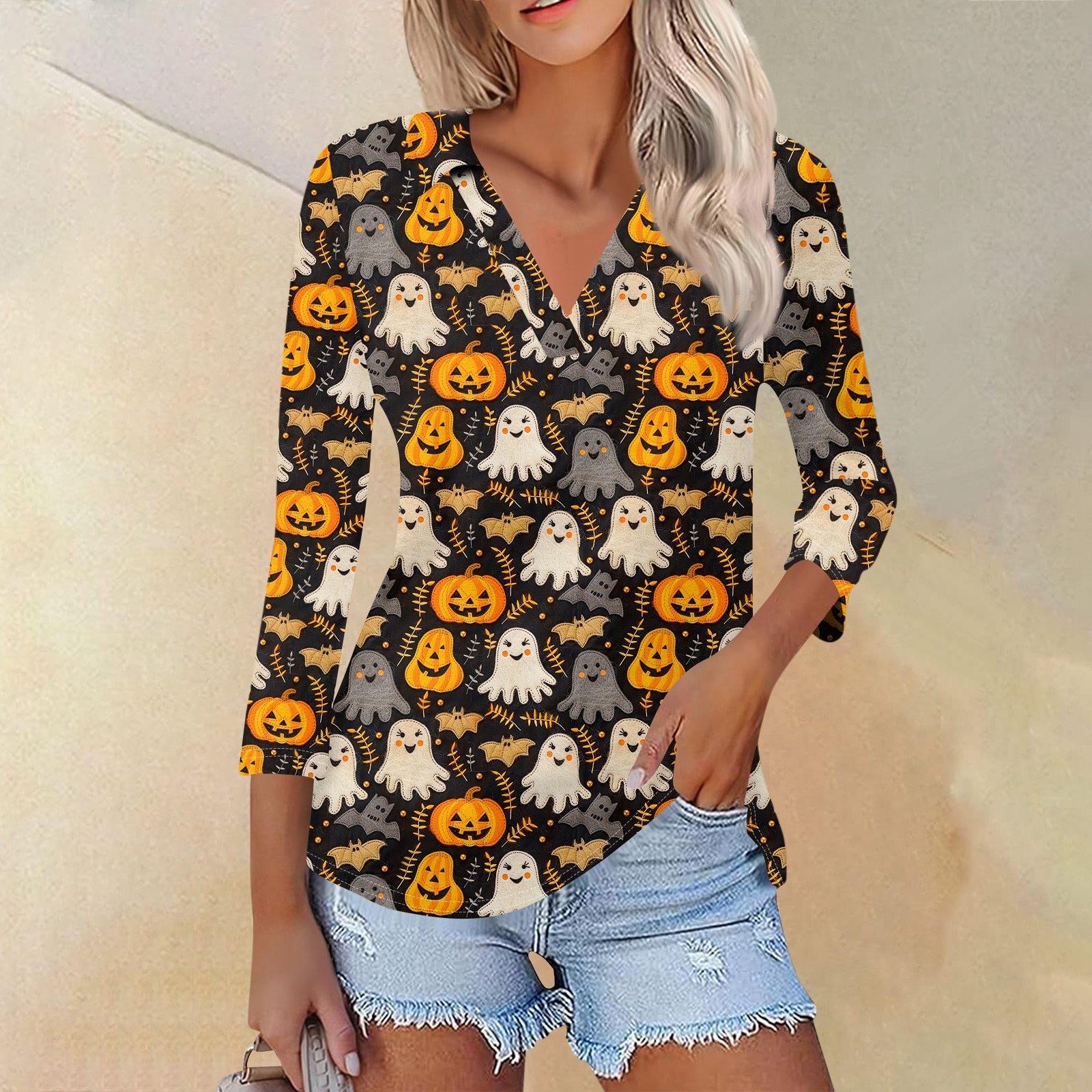 

Женская модная повседневная рубашка с V-образным вырезом и рукавом 3/4 на Хэллоуин M чёрный