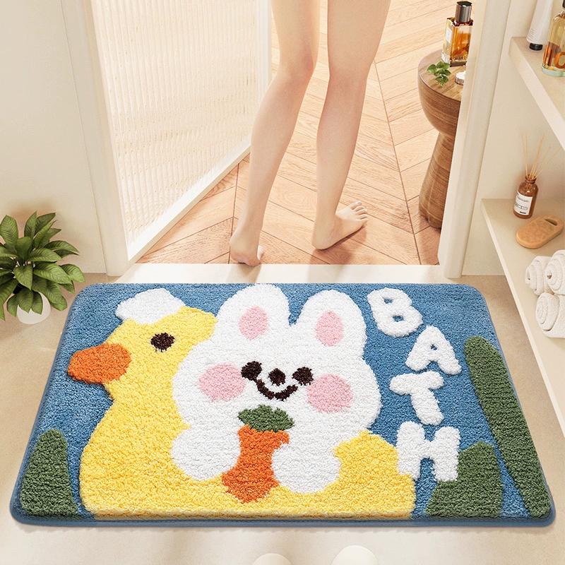 Cute Rabbit Series Super Soft Bath Mat - Thickened Flocked Machine-Washable Bathroom Rug, Non-Slip Decorative Doormat for Home