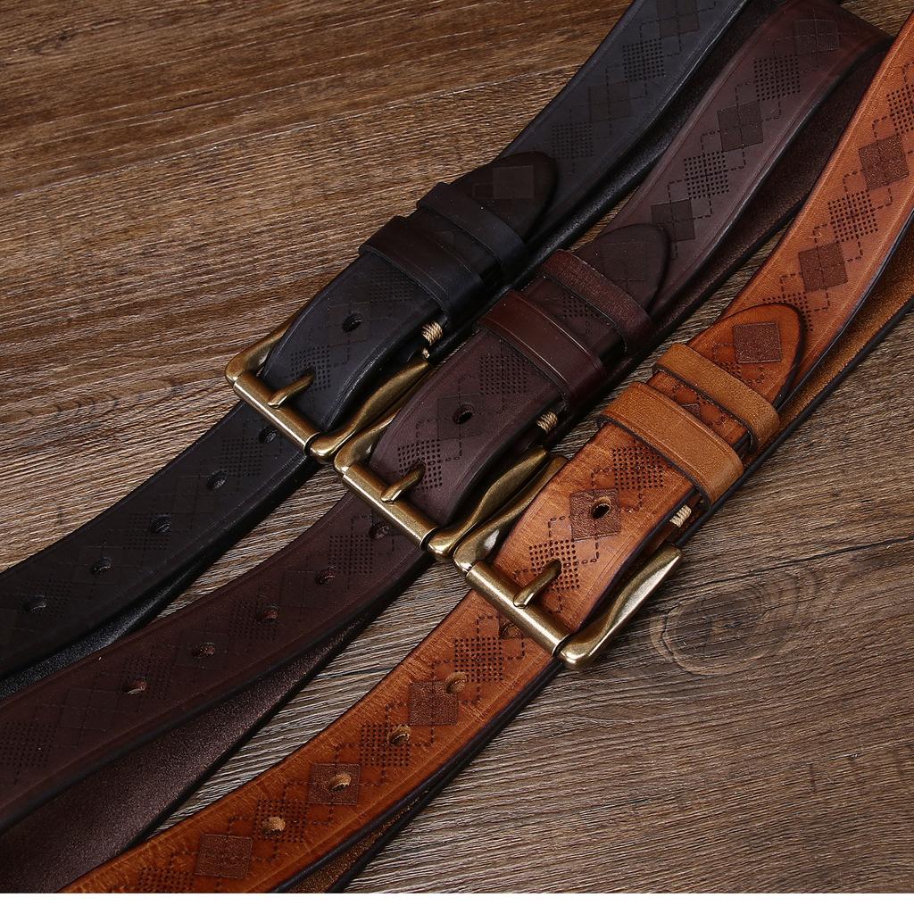 3.8CM Wide and Thick Fashionable Laser Engraved Belt for Men, Made of Aged Pure Cowhide Leather Belt