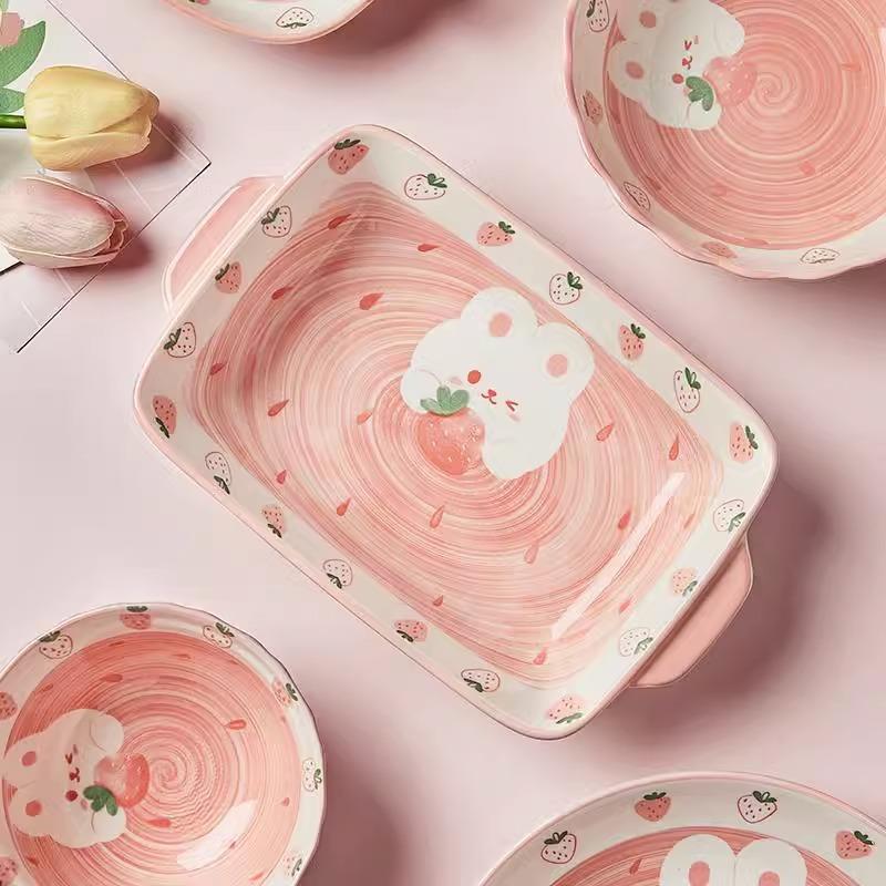 Ceramic Rice Bowl Home Eating Bowl Strawberry Rabbit Small Bowl Plate 5 Inch Tableware Cute Salad
