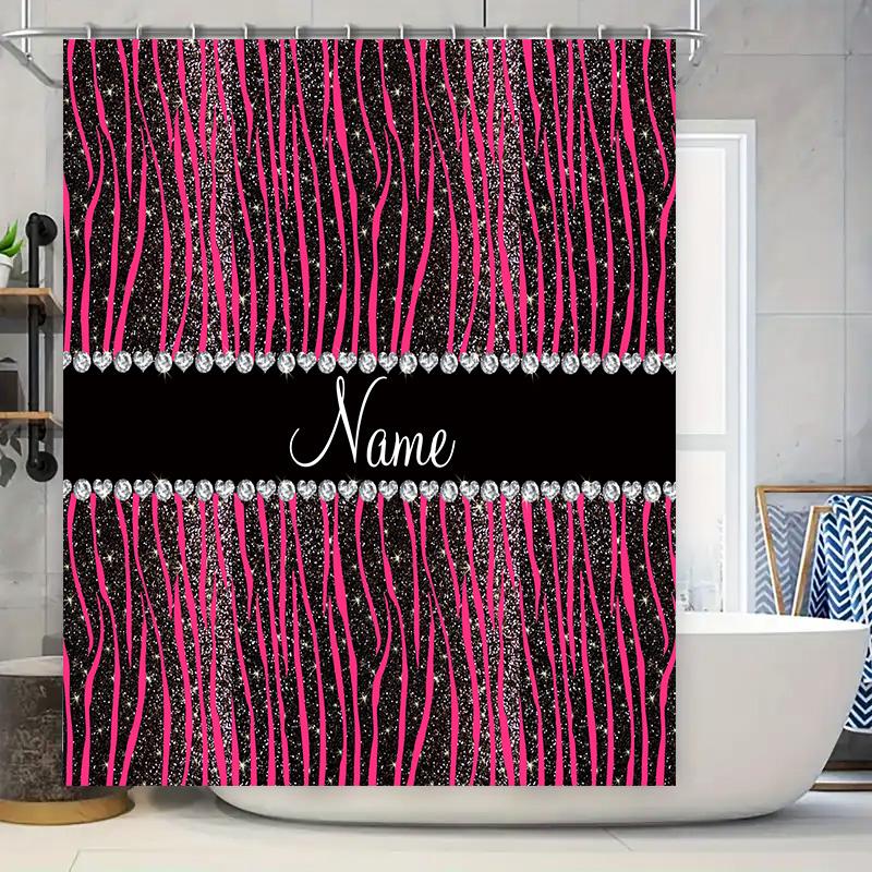 

Shower Curtain With Black Pink White Stripes Glitter Rhinestones For Bathroom Decor Customizable Name 36X72 Inch W60H190(CM)-1 Pcs