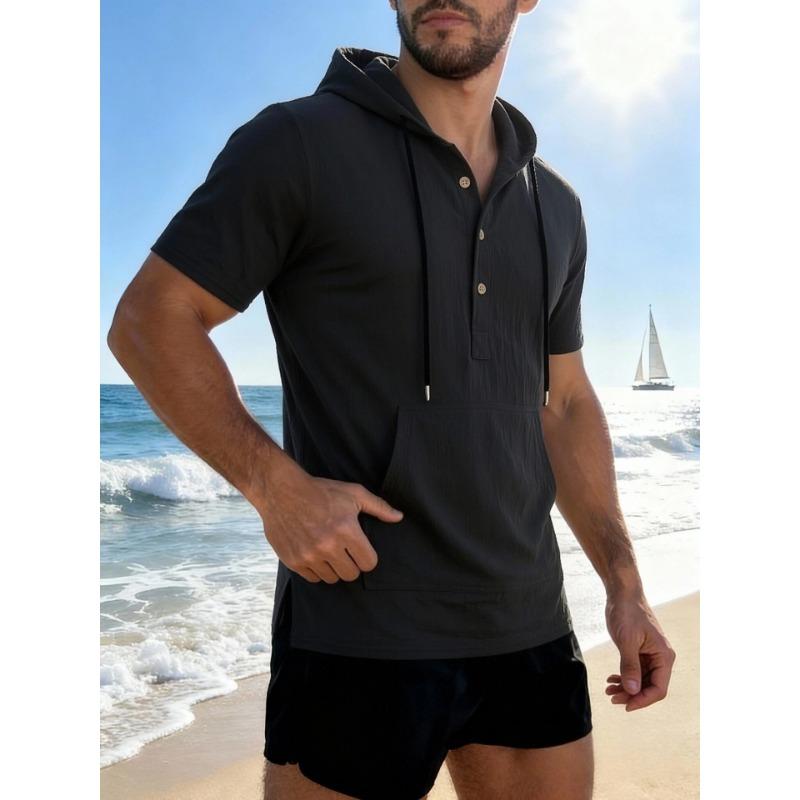 Mens Solid Color Loose Casual Short Sleeve Hooded Shirt