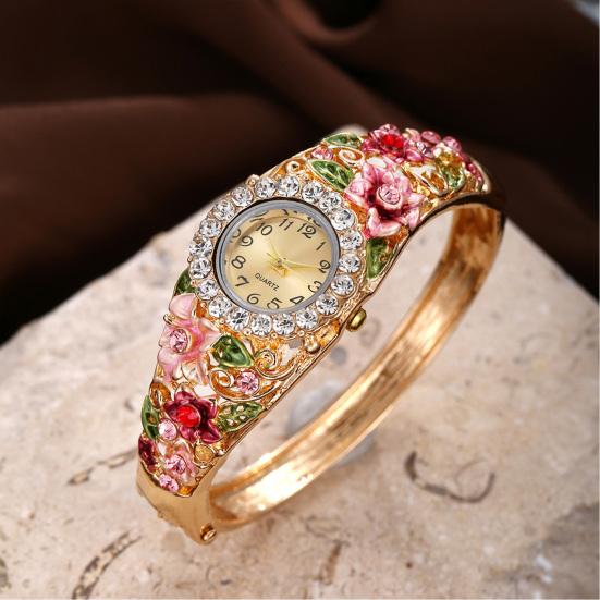 Ladies Floral Bangle Watch Rhinestone Round Dial Watch Elegant Quartz Wristwatch Sparkly Women Timepiece Gift for Mom Wife