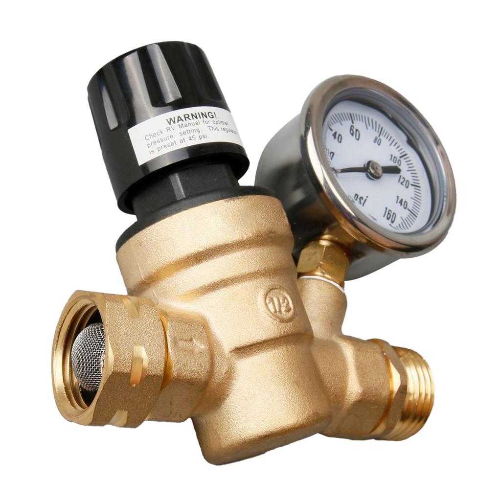 Regulator de presiune a apei, supapă de reducere a presiunii din alamă cu filet NH de 34 inch cu manometru pentru RV