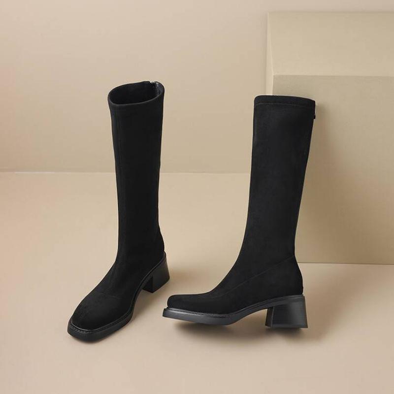 

Корейская версия новых замшевых высоких сапог однотонные на задней молнии на среднем каблуке большого размера женские кожаные сапоги осень и зима круглый носок Мартин б 39 чёрный