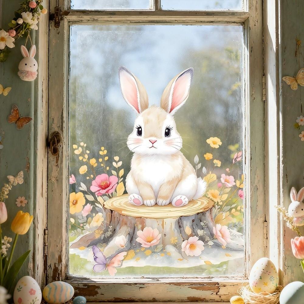 New Easter Flower Rabbit Sticker PVC Self-Adhesive Wall Stickers Removable Waterproof Wall Decal Window Decoration