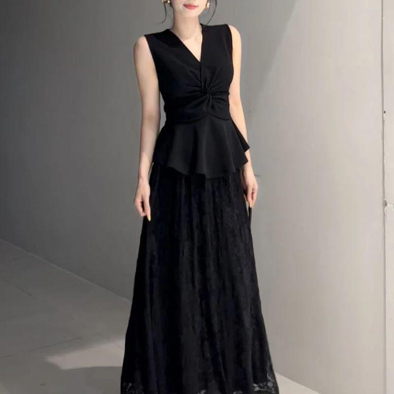 

Elegant Lace Patchwork Two-Piece Set for Women - Summer 2026 Fashion with Long Skirt M (recommended for 46-50kg)