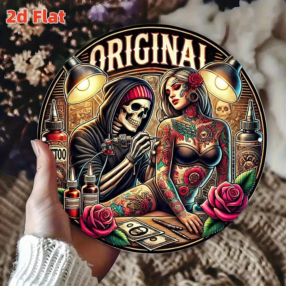Gothic Skull Tattoo Art Gothic Wall Art Round Aluminum Sign D Flat Skull Tattoo Art Definition of Dark Aesthetics 20x20cm(8x8inch)