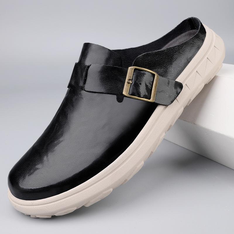 Men's Shoes 2025 New Summer Men's Leather Waterproof Outer Wear Bag Head Slippers Birken Thick-soled One-pedal Lazy Shoes