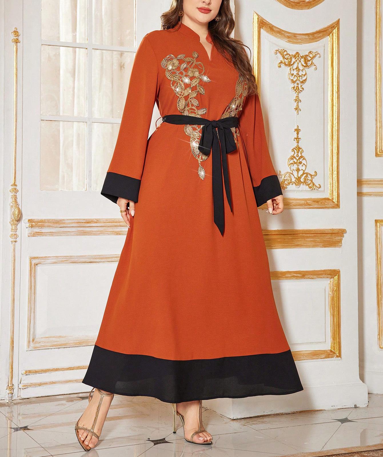 In Stock Plus Size Elegant Embroidered Long Sleeve Autumn Dress 0XL оранжевый