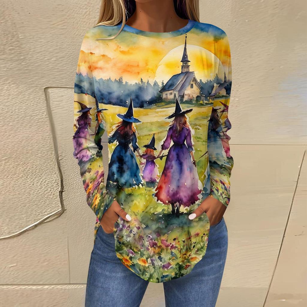 Women's Loose Fit Round Neck Long Sleeve Halloween Printed T-Shirt Vintage Irregular Hem Pullover