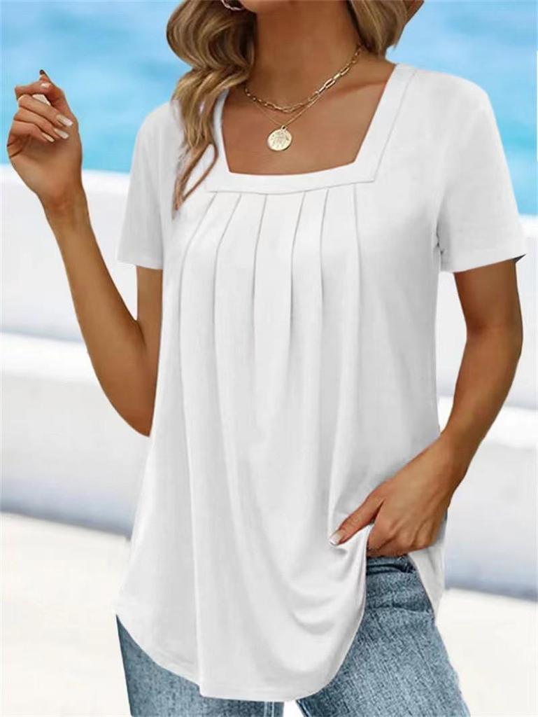 Summer Women's Pleated Square Neck Solid Color Loose Short Sleeve T-Shirt Top