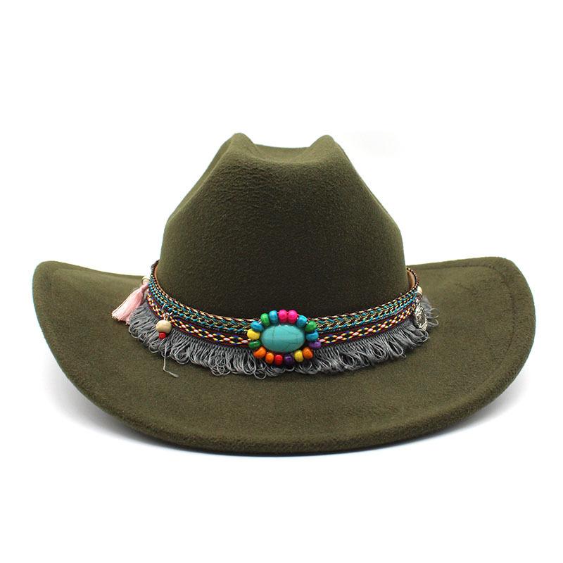 Ethnic Style One-Word Top Cowboy Top Hat, Rolled-Brimmed Felt Hat, Men'S And Women'S Outdoor Western Cowboy Top Hat, Woolen Jazz Hat