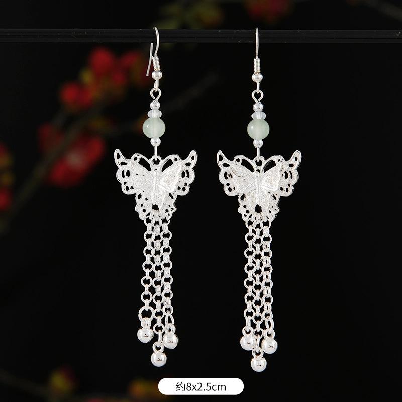 Cold Miao Silver Earrings Lotus Butterfly Long Fringed Niche Design Women's Earrings