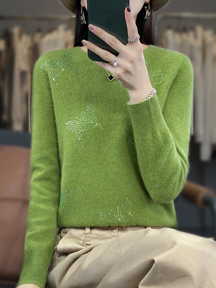 Butterfly Rhinestone Crew Neck Casual Spring Sweater for Women