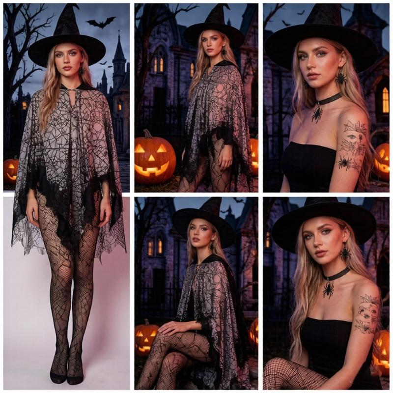 Spiders Costume Adult Cape Tights Necklace Chocker Earings Mask and Witch Hat Halloween Costume Outfit for Women