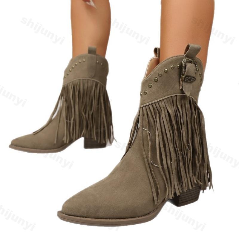Fashion Women Ankle Boots Autumn 2025 Suede Chelsea Boots Pointed Toe Tassel High Heel Shoe Rivet Fashion Retro Cowboy Boots Botas Mujer