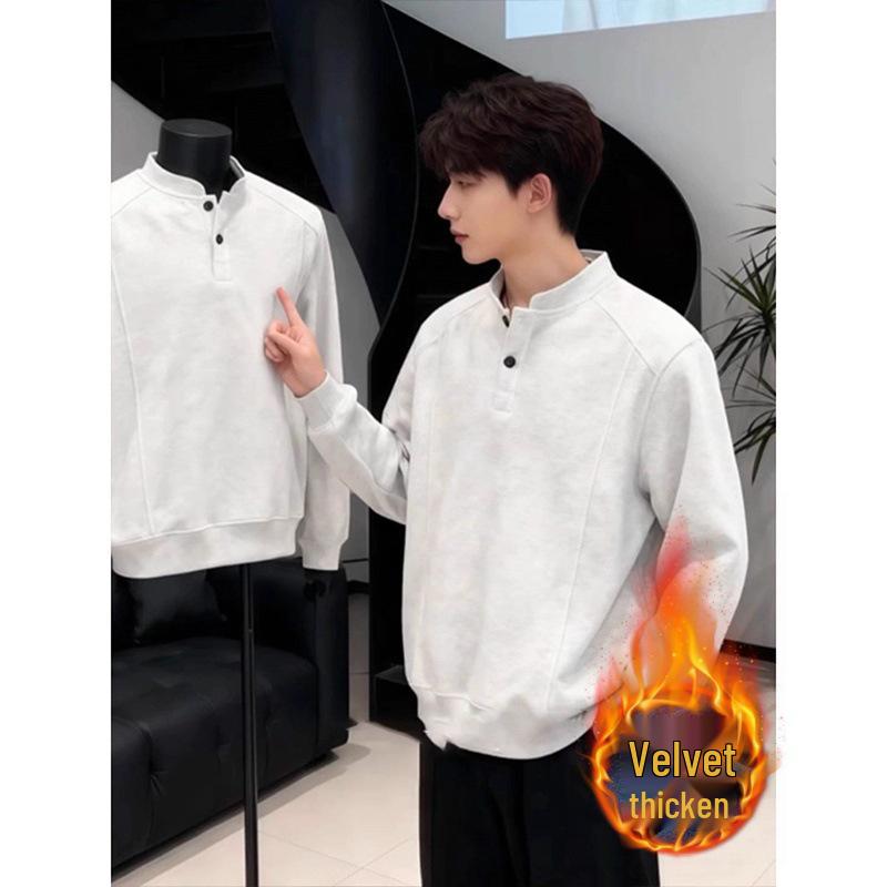 Men's Autumn/Winter Fleece-Lined Henley Long-Sleeved T-Shirt: Thick, Warm, Loose-Fit Base Layer