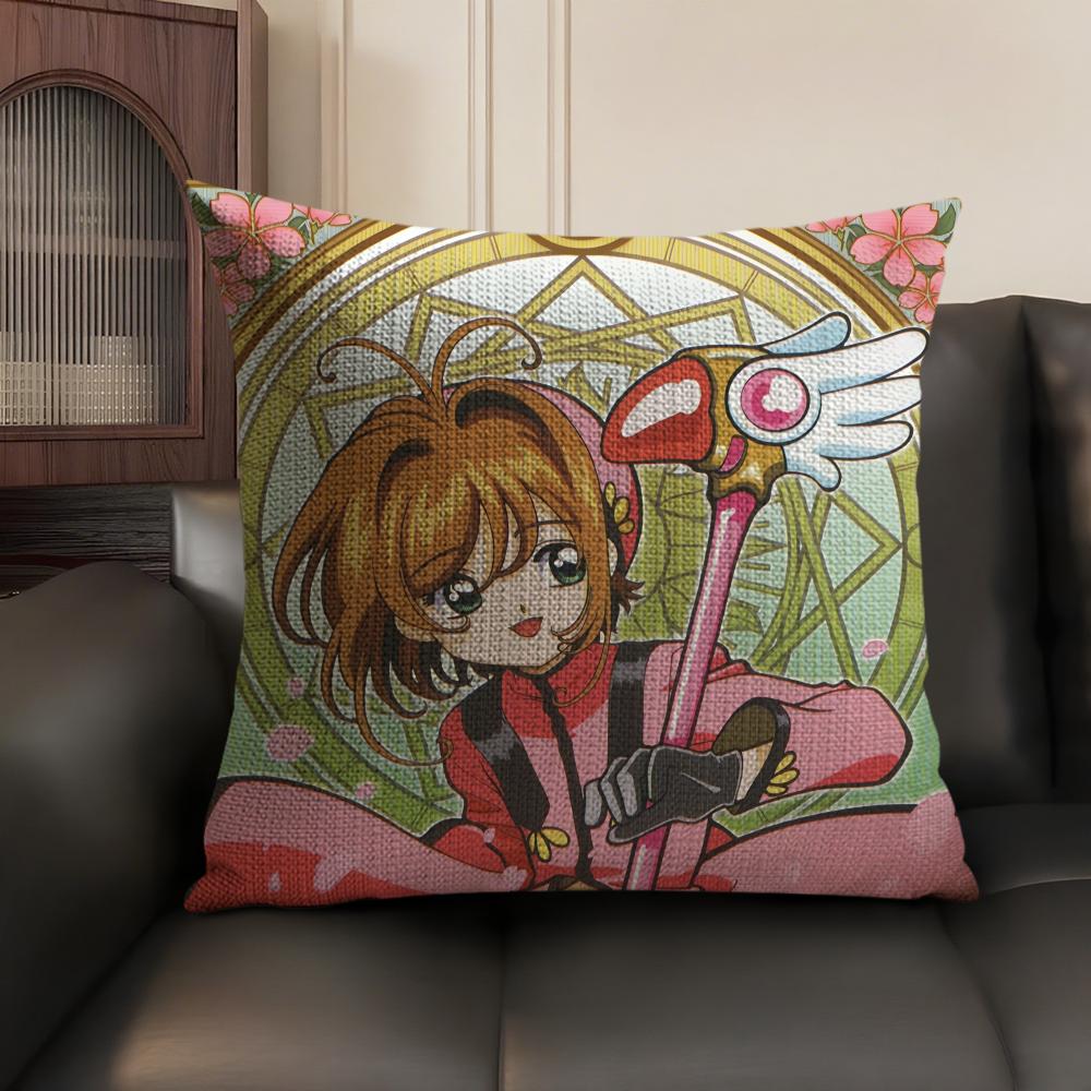Anime C-Cardcaptor S-Sakura Pink Cushion Cover Natural Linen Organic Fabric Double-Sided Printing Sofa Home Decor Pillow Case