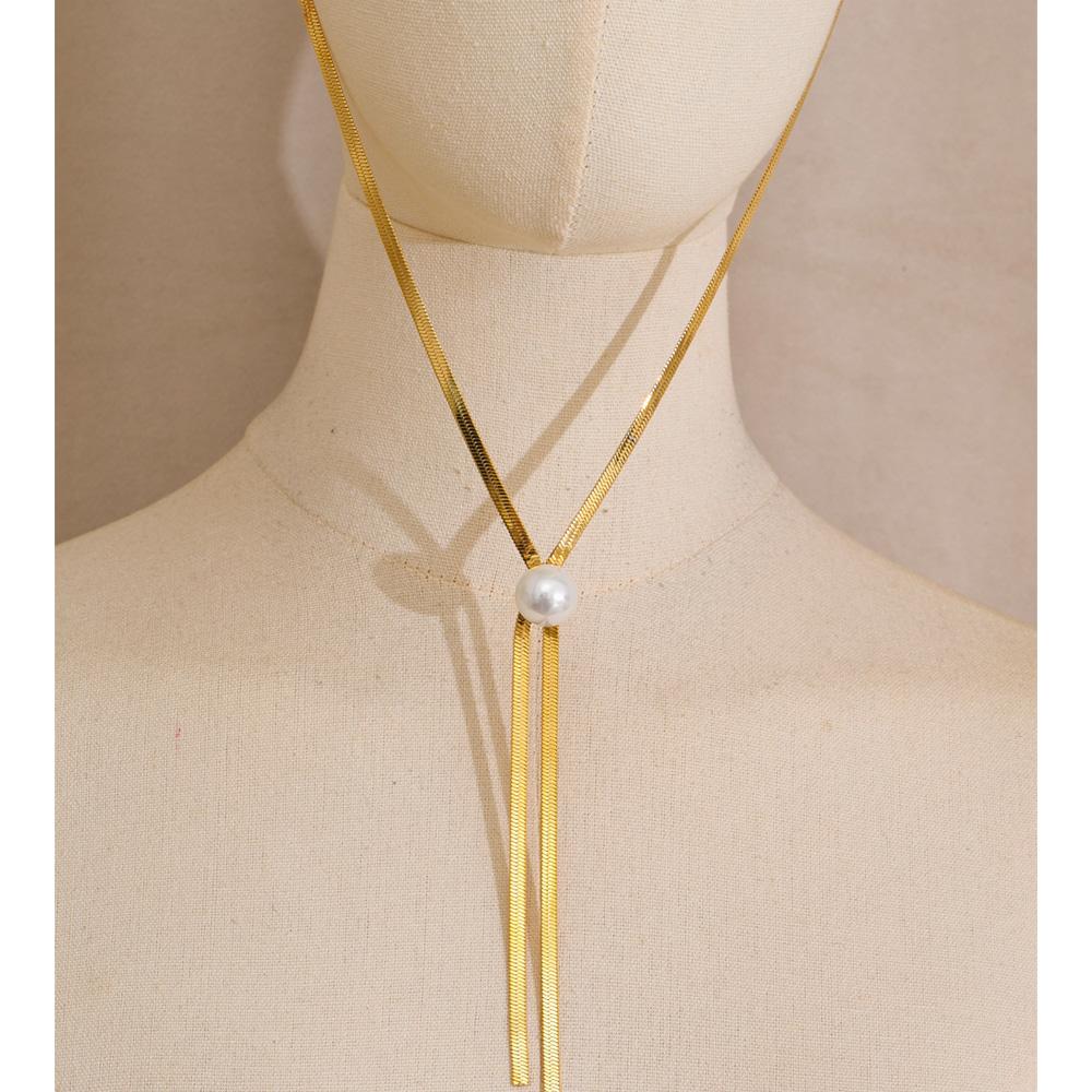 Yhpup 70cm Stainless Steel Imitation Pearls Snake Chain Long Hanging Drop Necklace Autumn Winter Style New Arrivals Bib Jewelry