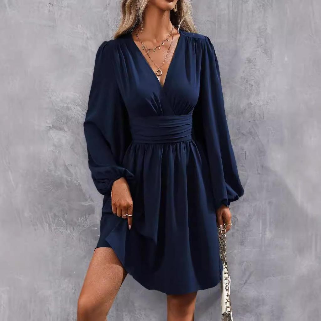 Abiti Abbigliamento Donna Scollo a V Manica a Lanterna Wrap Mini Abito Vita Arricciata Orlo Svasato Elegante per Stili Autunnali e da Festa