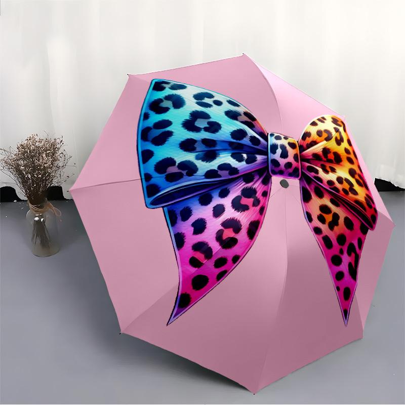1pc Leopard Print Bow Automatic Open/close Umbrella, 8-Rib Sturdy Structure, Auto Folding/Opening, Portable Travel Umbrella for Women,084