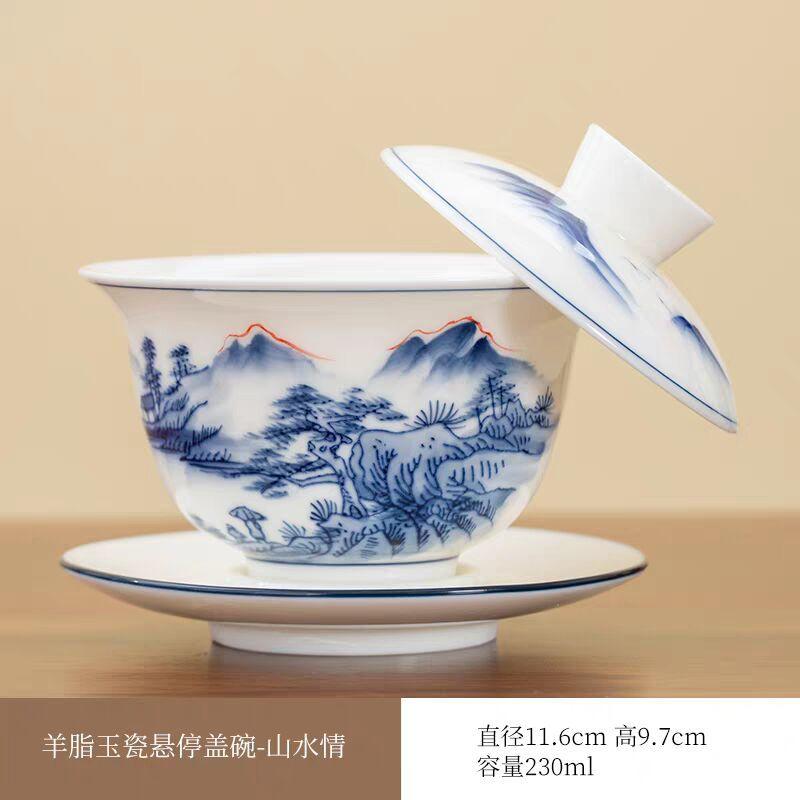 Hongyue Suet Jade Hand-Painted Hovering Rotating Sancai Cover Bowl Teacup Ceramic High-End Dehua White Porcelain High-End Tea Bowl
