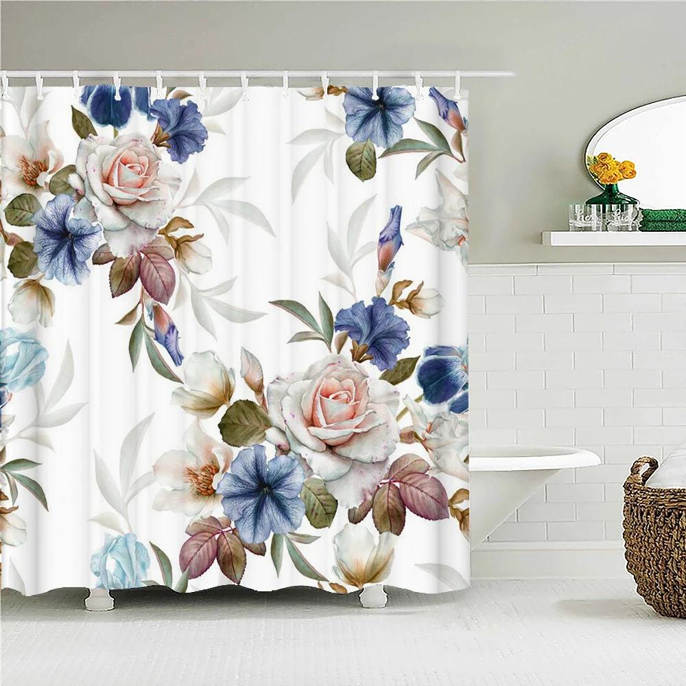 Jy01Colorful Beautiful Flowers Bath Curtain Waterproof Fabric Shower Curtains Floral Rose Printing Bathroom Screen Decor With @1