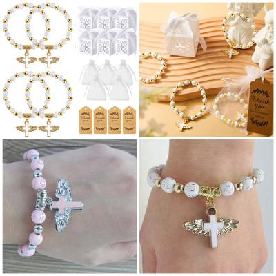 10 Stück Taufgeschenkset mit Engelkreuz-Gebetsarmband und Dankeskarten Taufgeschenkschachteln Stilvolle Taufartikel