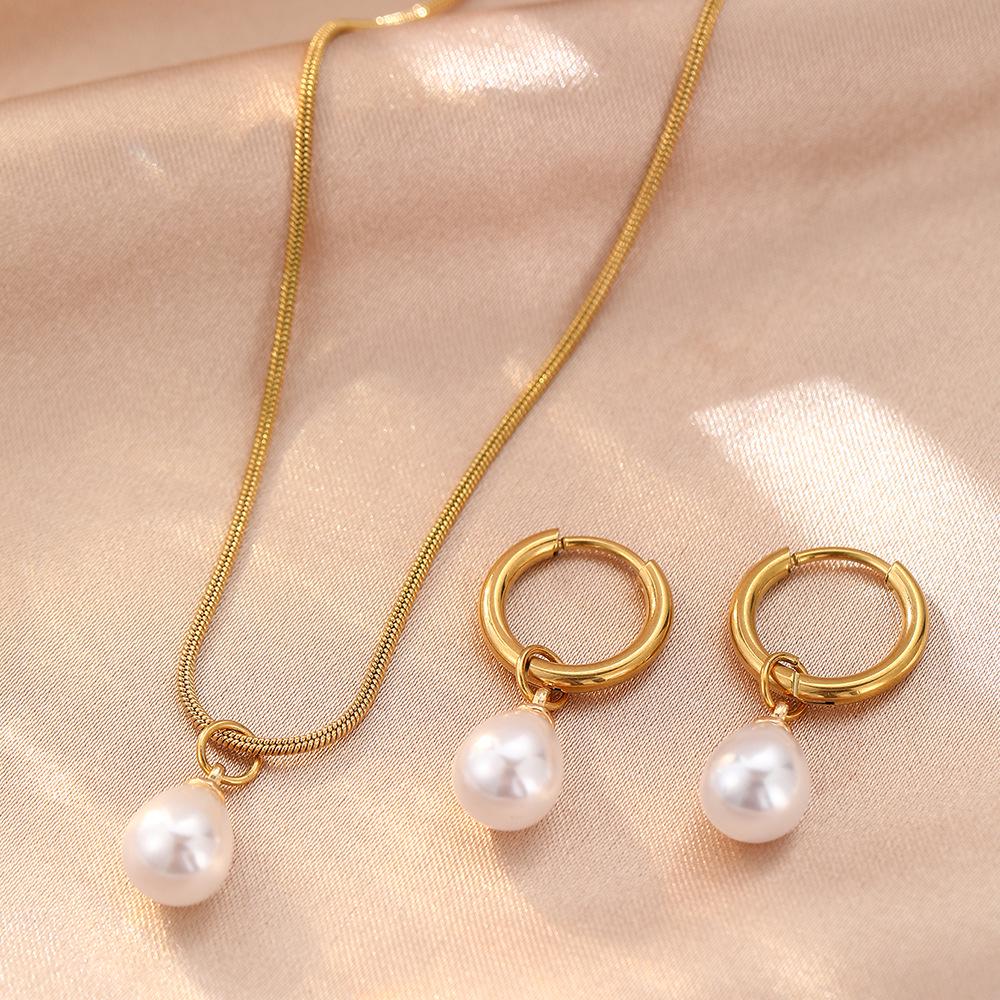 Hochwertiges Edelstahl Süßwasserperlen Anhänger Halskette & Ohrring Set - Damenschmuck Luxus