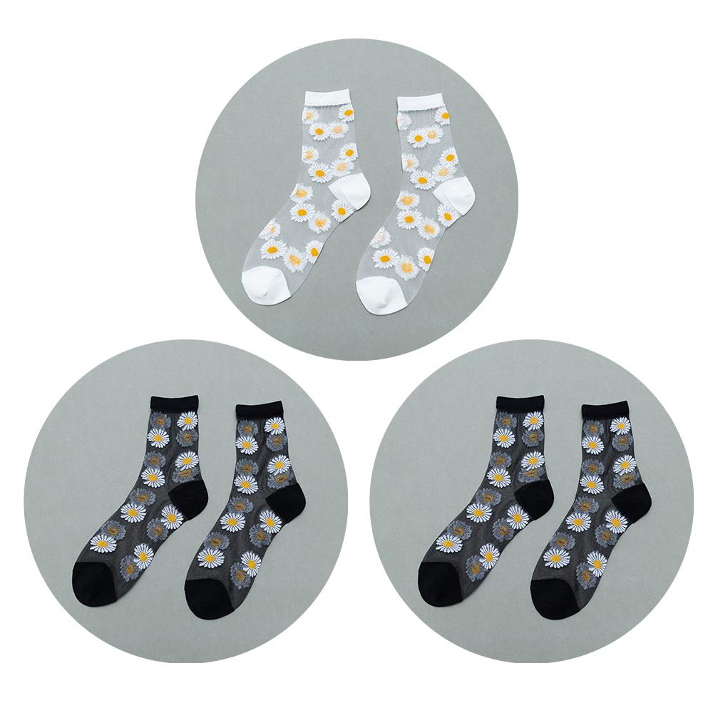 3 Pairs Of Women's Flower Socks Summer Crystal Glass Stockings Medium Short Tube Thin Transparent Daisy  Jacquard Elastic  Socks