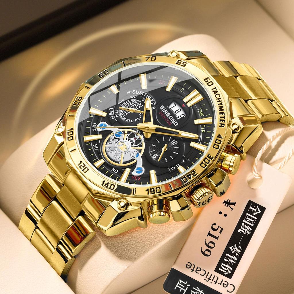 BINBOND Men's Luminous Trendy Tourbillon Watch with Steel Band, Three Dials & Six Hands