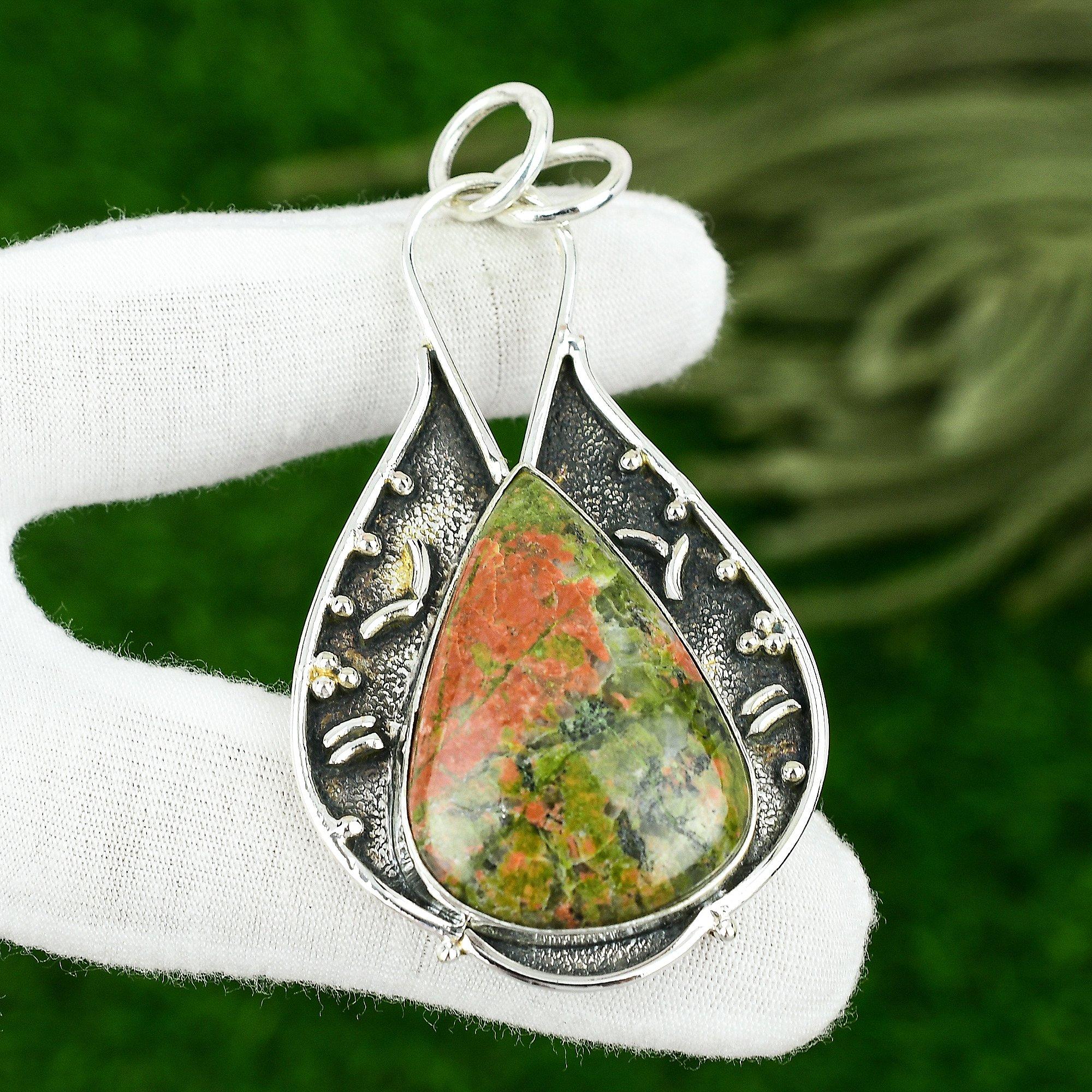 Серебро 925 пробы Чакра Сердца Унакит Драгоценный камень Безель Помолвка Жена Новый Подвеска