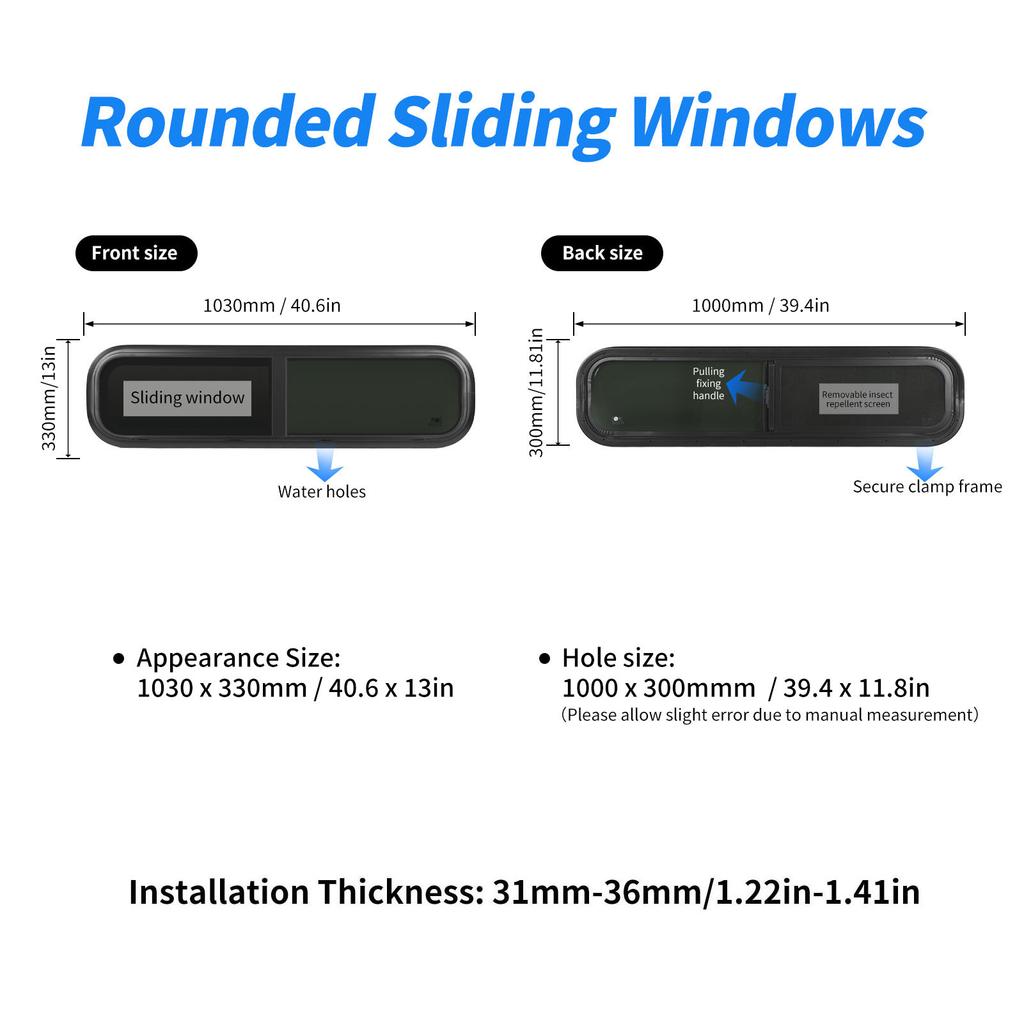 Horizontal Sliding RV Window 40.6 X 13in Uv Resistant with Removable Insect Nets for Caravan Camping Trailer Black