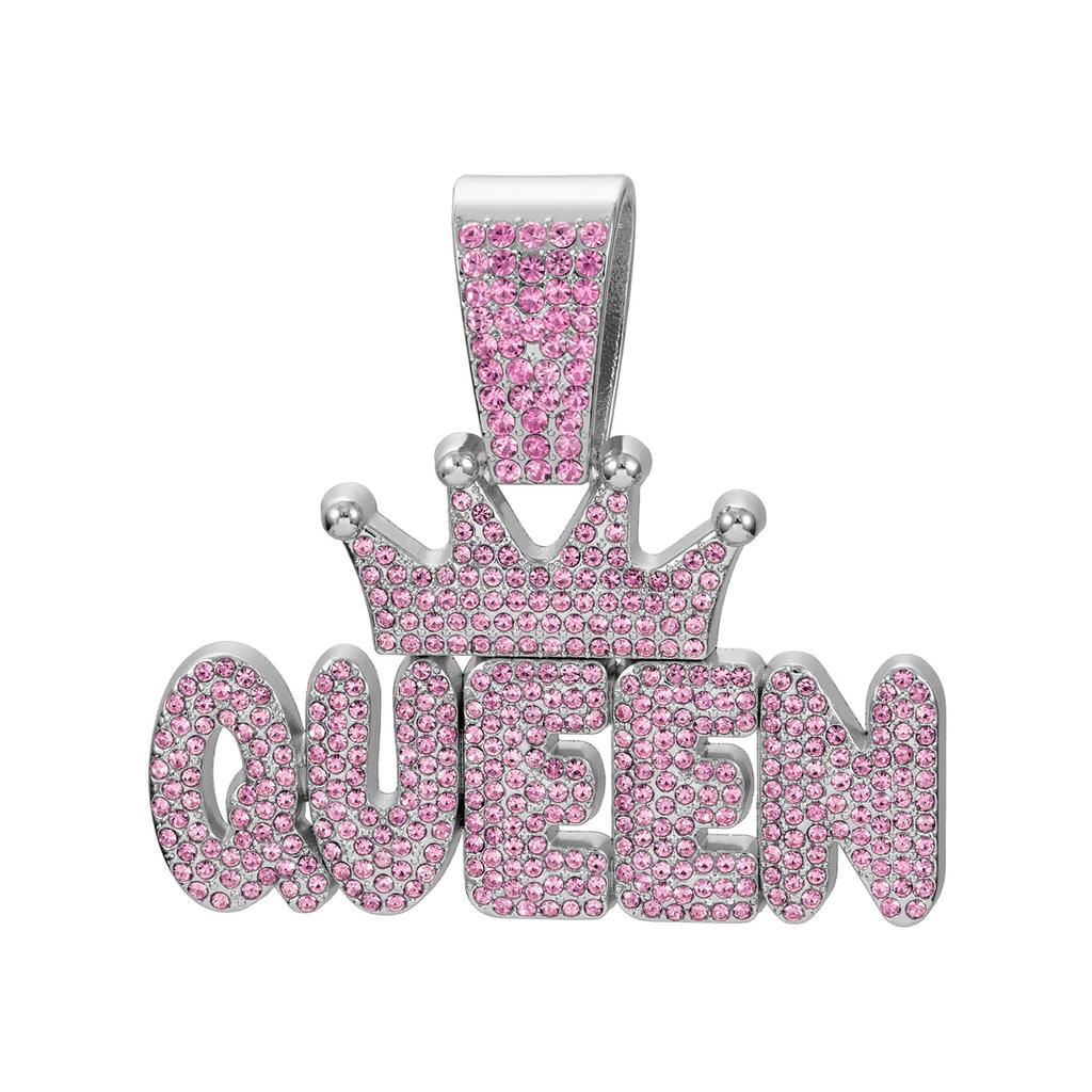 Couronne Rose Diamant pour Femme, Pendentif Lettre QUEEN, Collier Cubain Diamant Long Hip Hop Accessoire Féminin