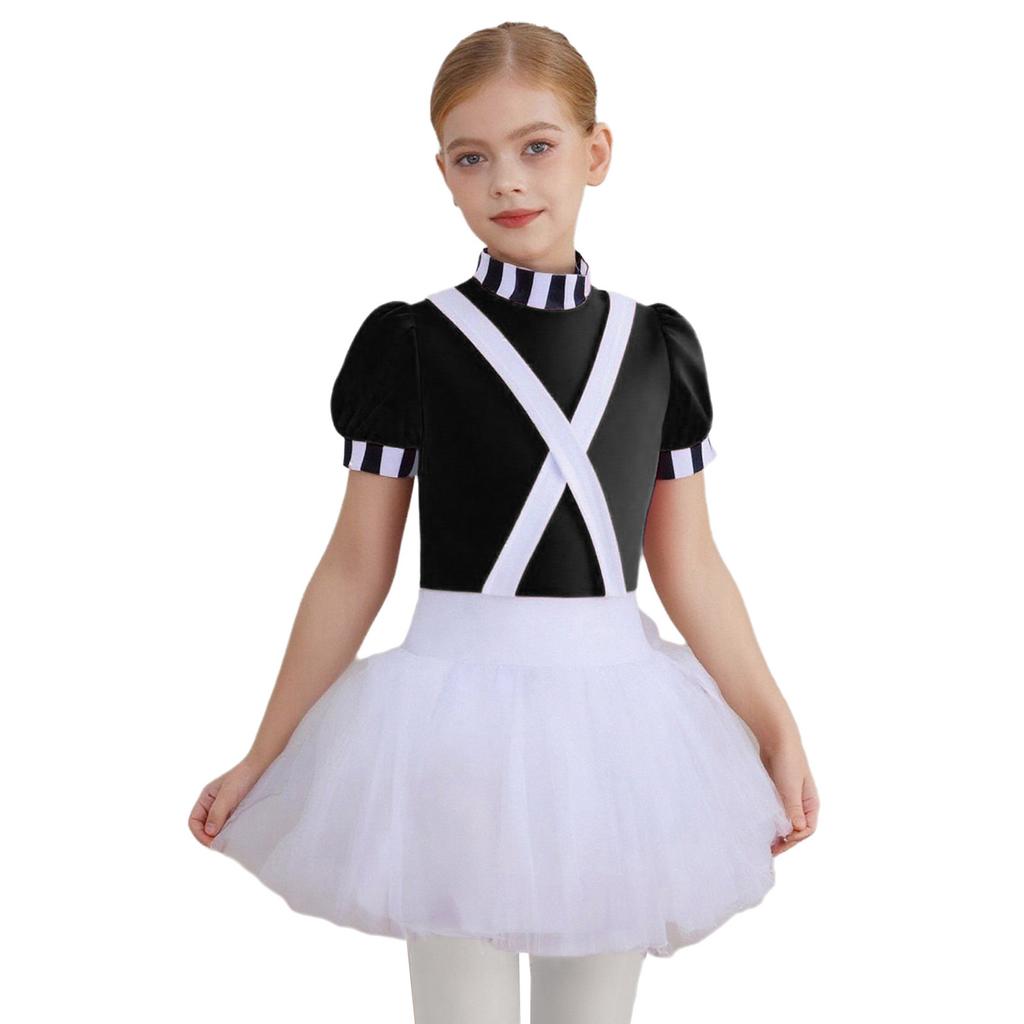 Kids Girls Chocolate Factory Worker Halloween Costume Mock Neck Short Stripe-Cuffed Sleeves Back Cut Puffy Built-In Crotch Press Buttons Dress Braces