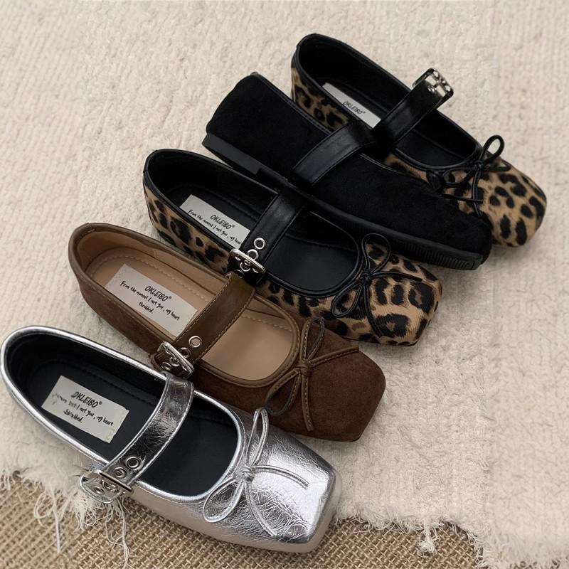 Eckige Spitze Leopardenmuster flache Französische Mary Jane Einzel Schuhe Damenschuhe 2025 neu Herbst silber Ballett Abendschuhe