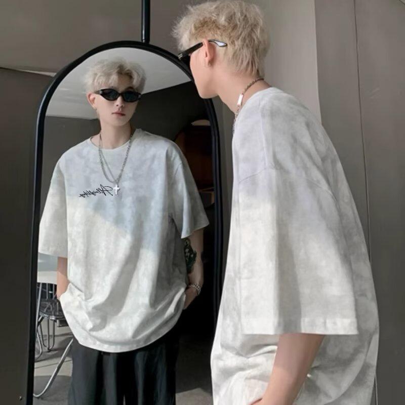 Men's Light Gray Tie Dye Script Print Oversized Short Sleeve T-Shirt Casual Streetwear Top