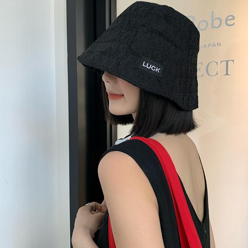 Letter Bucket Hat Women's Spring and Summer Black Versatile Big Head Circumference Bucket Hat Showing Face Small Plain Hat