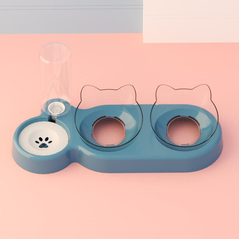 3 Piece Cat Bowl Set Double Food Water Feeder Non Spill Plastic Pet Bowls Grey Transparent Brown Blue Pink Pet Supplies KTY